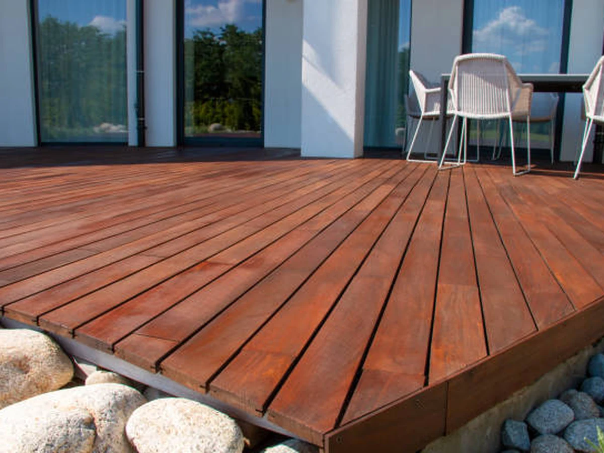 Close-up of hardwood deck painting in Sheffield, professional finish by Sheffield Decorators
