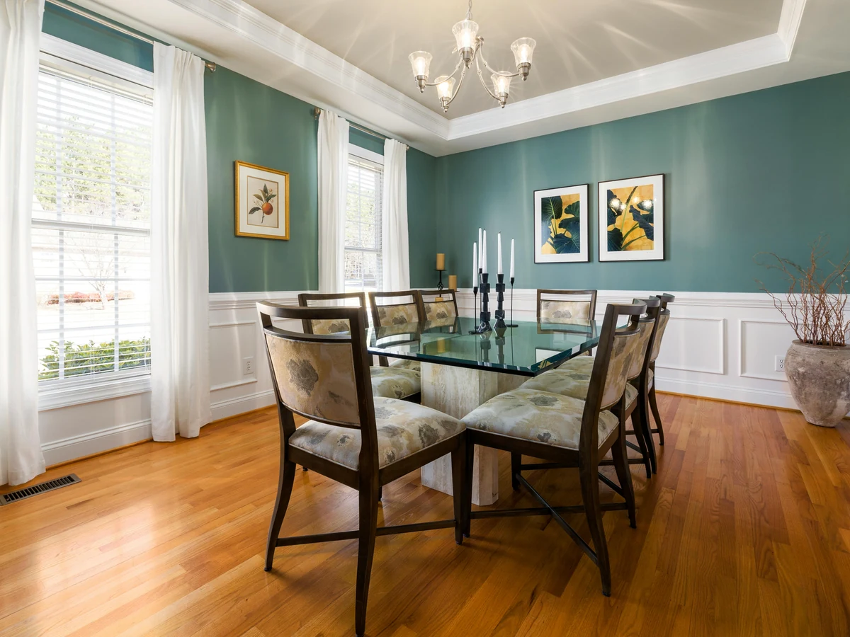 Teal wainscoted dining room painting in Sheffield, bold period colour scheme by Sheffield Decorators