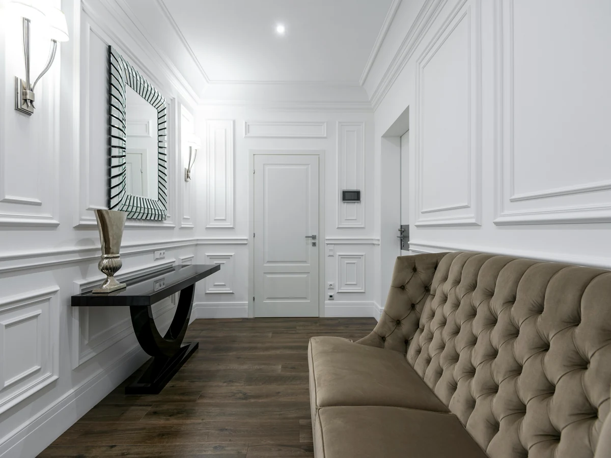 Hallway painting in Sheffield by Sheffield Decorators, elegant white painted entrance hallway