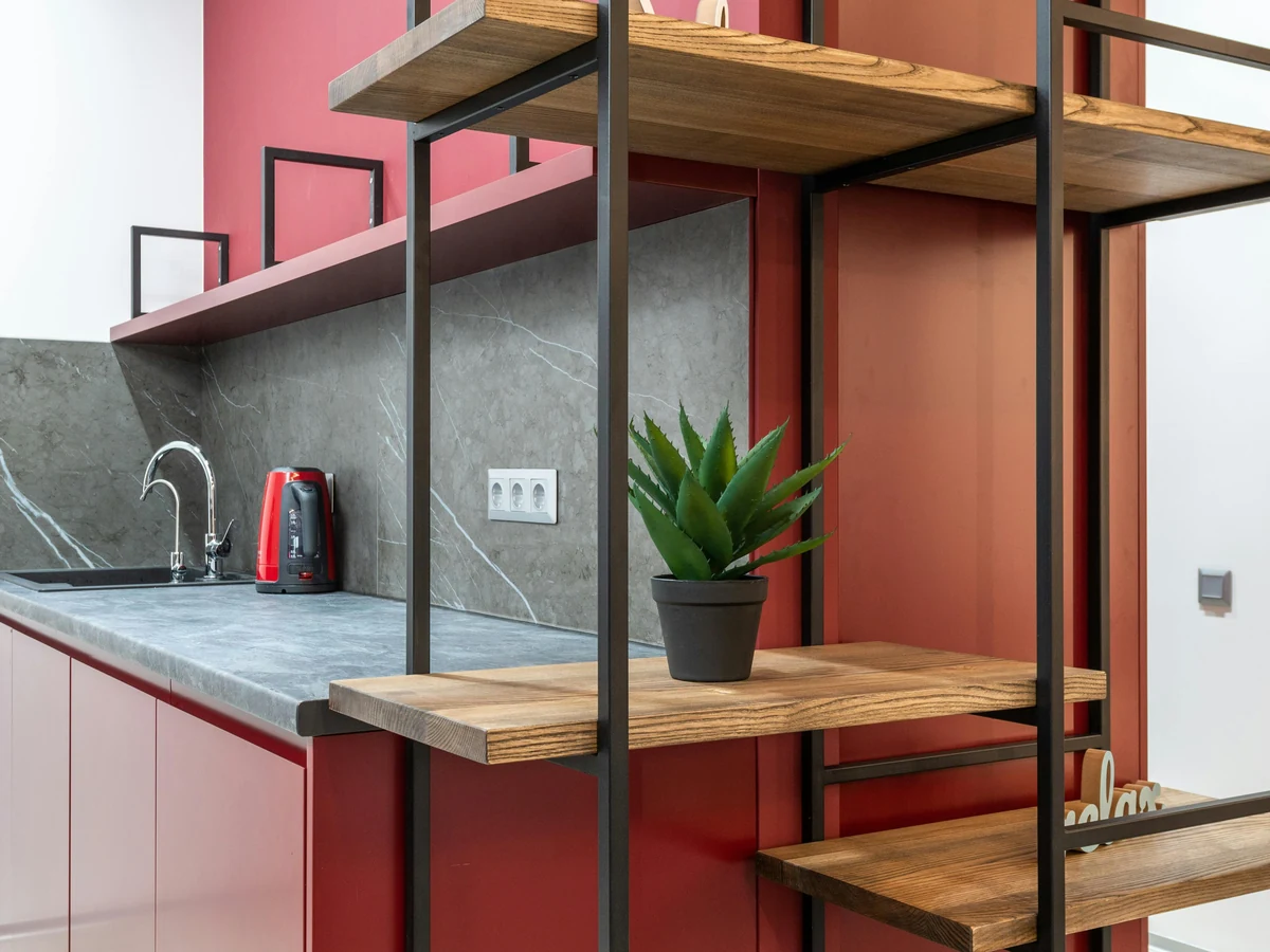 kitchen-painting-redpainted-kitchen-industrial-sheffield-decorators Kitchen painting in industrial style by Sheffield Decorators in Chapeltown