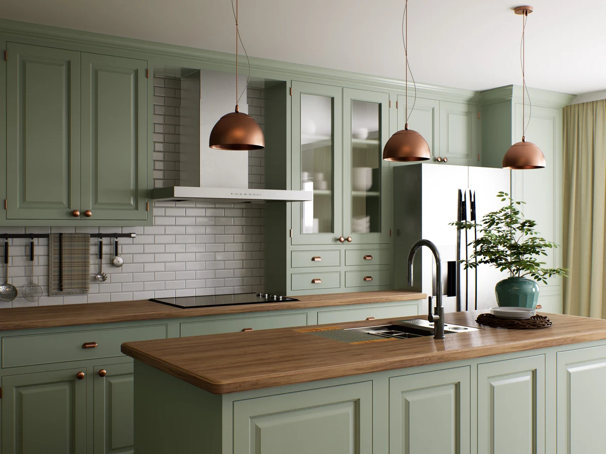 Sage green shaker kitchen cabinet painting by Sheffield Decorators